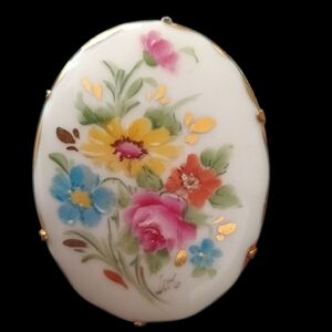 Fabulous Hand Painted Porcelain Pastel Flowers Antique Brooch Signed